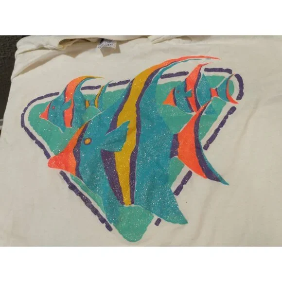 Vintage Tropical Fish Print T Shirt Single Stitch One Size 80s 90s XXL Unisex - Picture 2 of 4